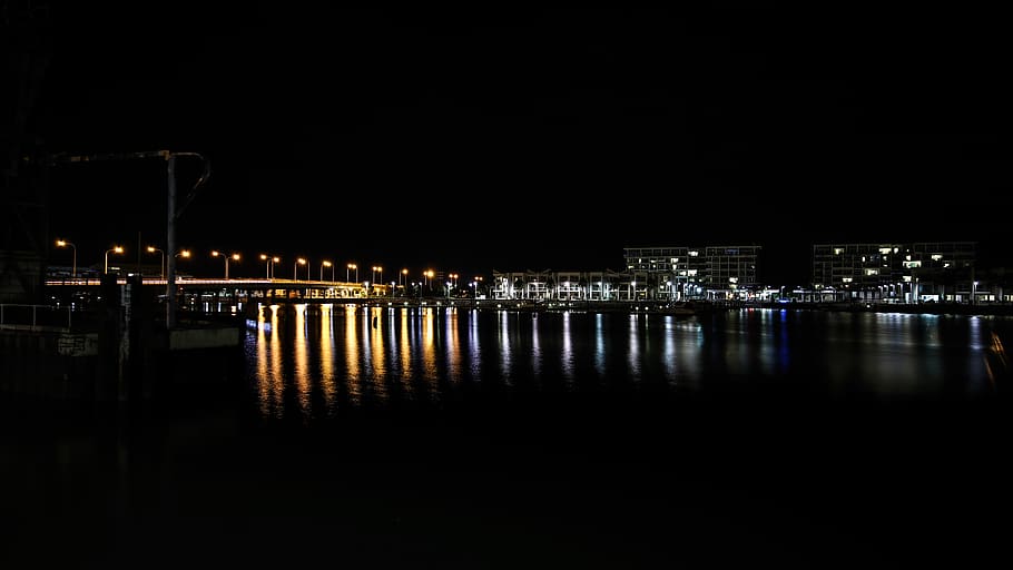 lights, water, bridge, night, marina, illuminated, reflection HD wallpaper