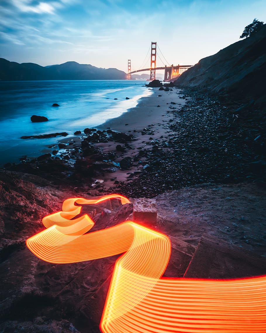 time-lapse photo of bridge near shoreline, light, light painting HD wallpaper
