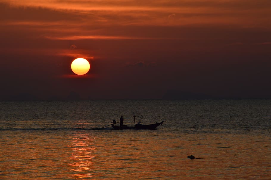 thailand, ko pha-ngan, sunset, deep, red, clouds, fishing, dusk HD wallpaper