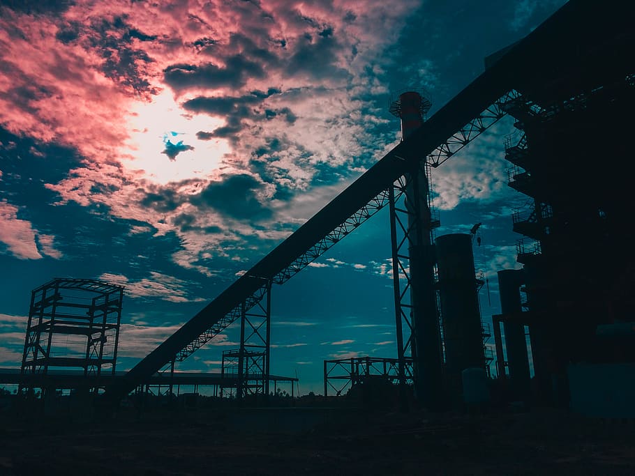 Black Metal Scafoldings, backlit, clouds, dark, evening, industrial plant HD wallpaper