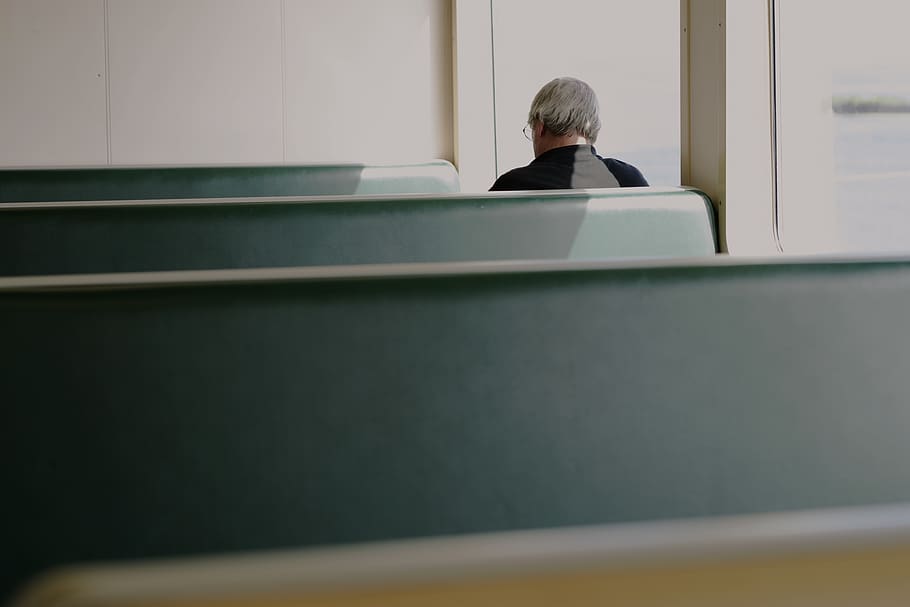 person sitting on bench, one person, rear view, headshot, indoors HD wallpaper