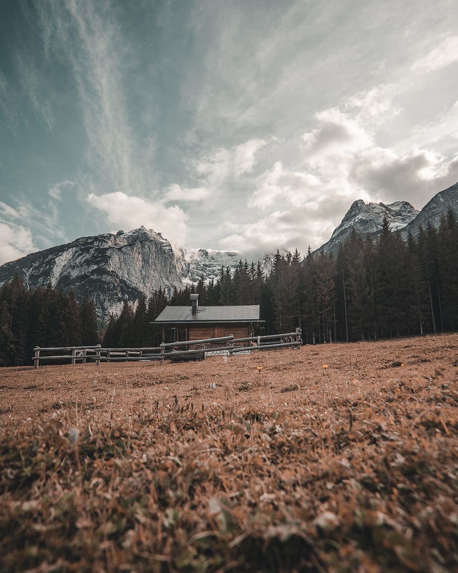 brown house near mountain and trees, field, cloud, sky, forest HD wallpaper