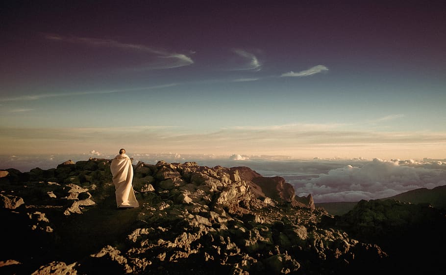 sky, clouds, view, mountains, hike, trek, woman, girl, blanket HD wallpaper
