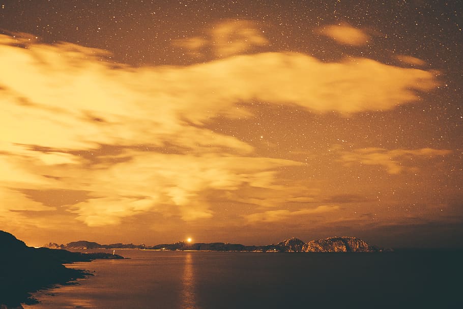 island under orange sky], nature, outdoors, dawn, red sky, sunset HD wallpaper