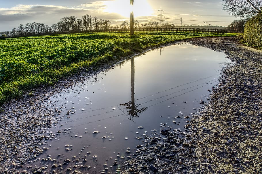 mirroring, strommast, power line, sun, backlighting, landscape HD wallpaper