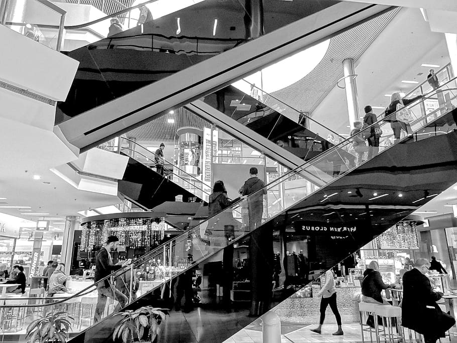 Grayscale Photography of People Standing on Escalator, architecture HD wallpaper