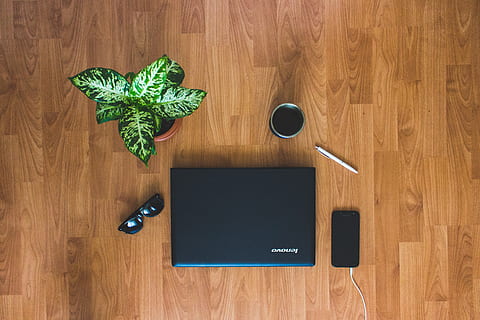 black Lenovo laptop computer, wood - material, table, directly above HD wallpaper