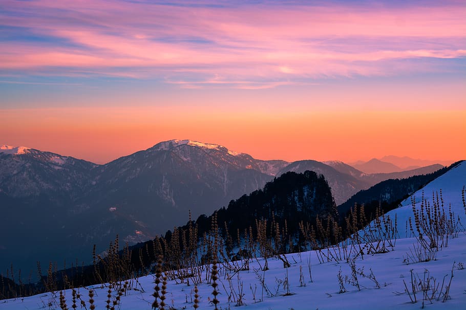 Mountain Ranges during Orange Sunset, adventure, clouds, cold HD wallpaper