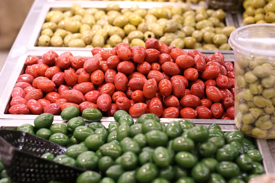 food, olives, mediterranean, healthy, red, green, supermarket HD wallpaper