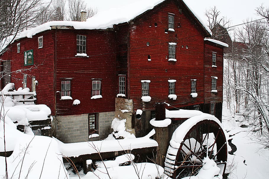 united states, moravia, historical new hope mills, snow, red, HD wallpaper