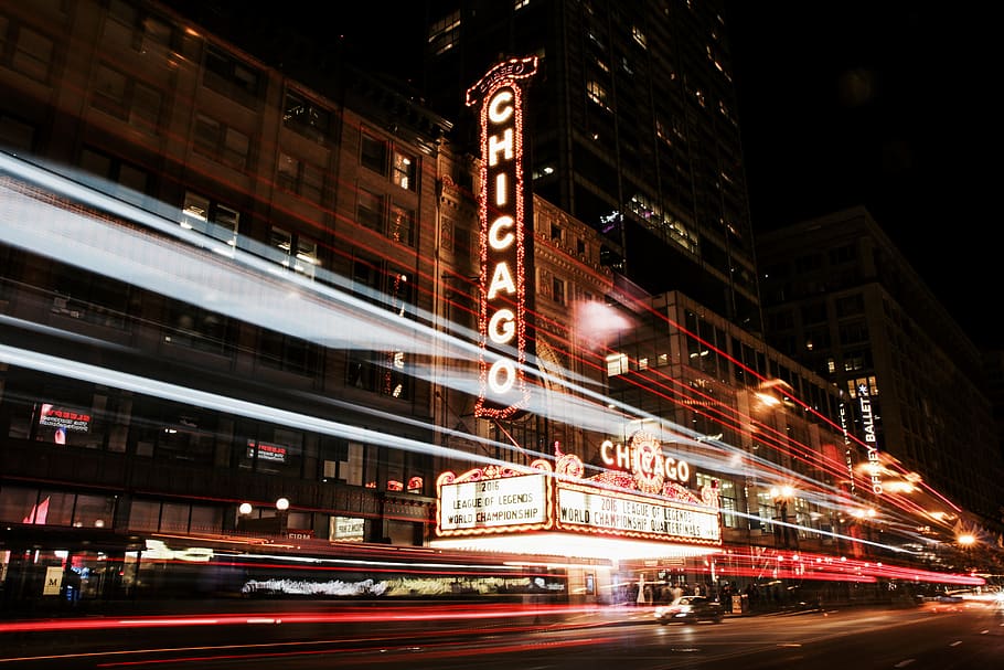 Chicago LED sign, night, illuminated, motion, architecture, building exterior HD wallpaper