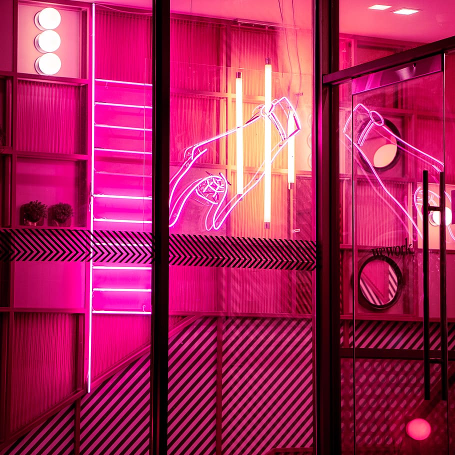 pink lighted house, neon, sign, hand, wall, lighting, indoor HD wallpaper