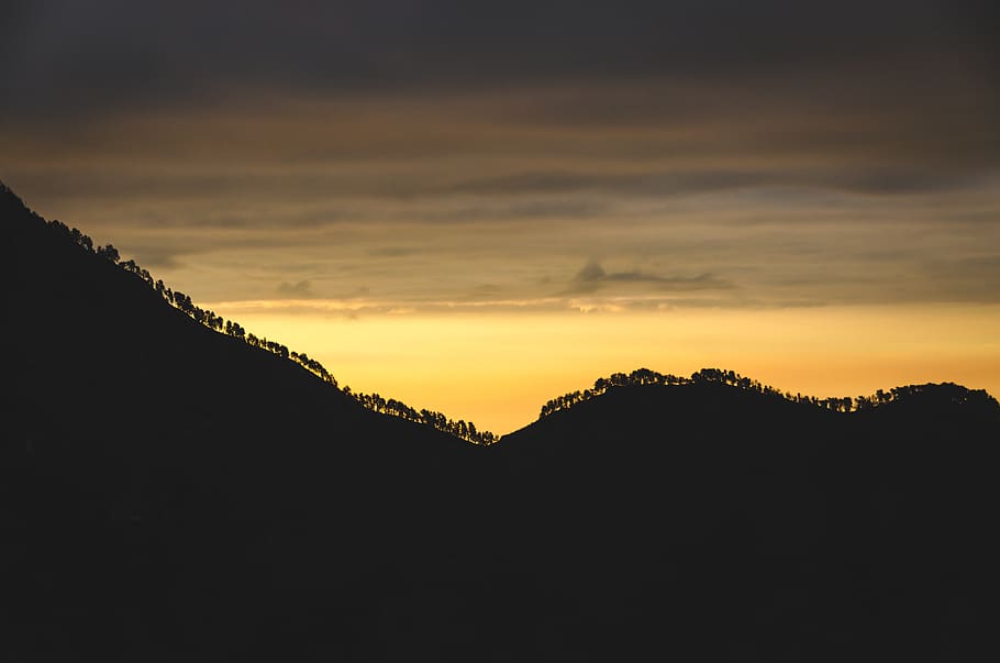nature, landscape, mountain, trees, sunset, silhouette, travel HD wallpaper
