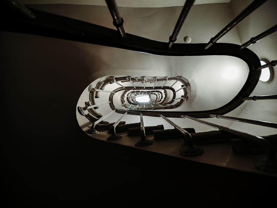 white spiral stair, indoors, lighting equipment, no people, staircase HD wallpaper