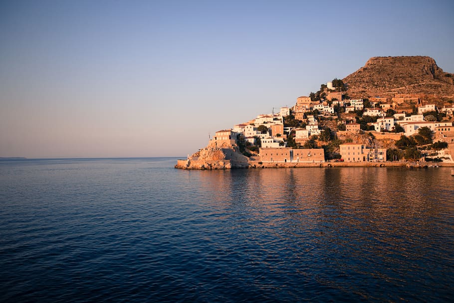 island, hydra, greece, sea, mediterranean, city, harbor, twilight