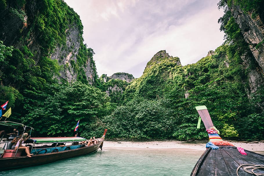 passenger boat on body of water, forest, beach, cliff, rock, tree HD wallpaper
