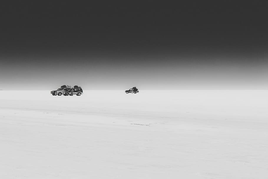 three vehicles on sand, salt, desert, uyuni, salt flat, desert salt HD wallpaper
