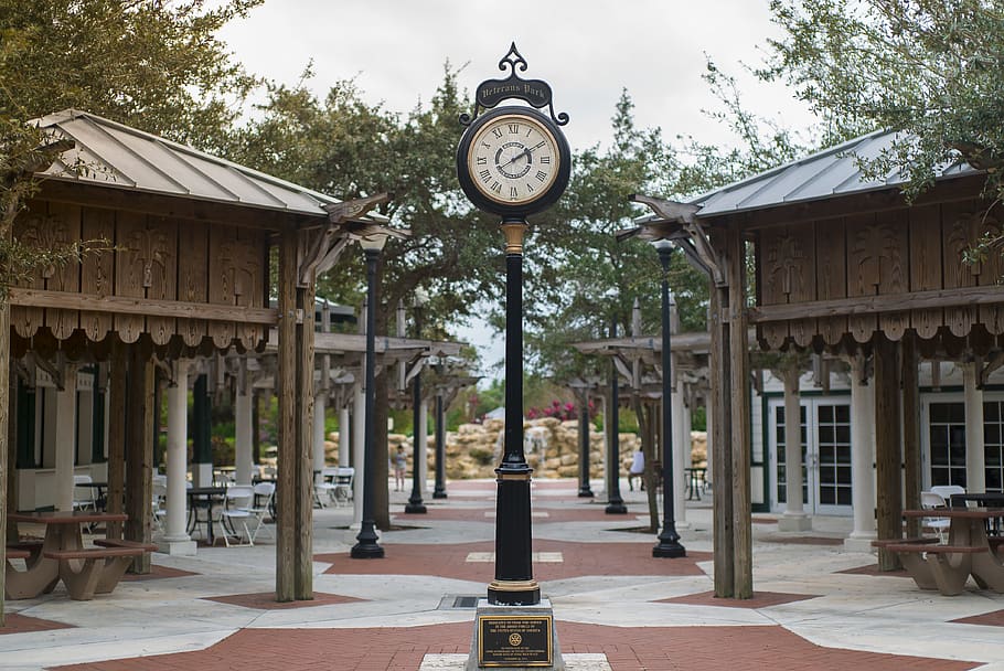 time, clock, park, wood, metal, large, scene, scenic, path HD wallpaper