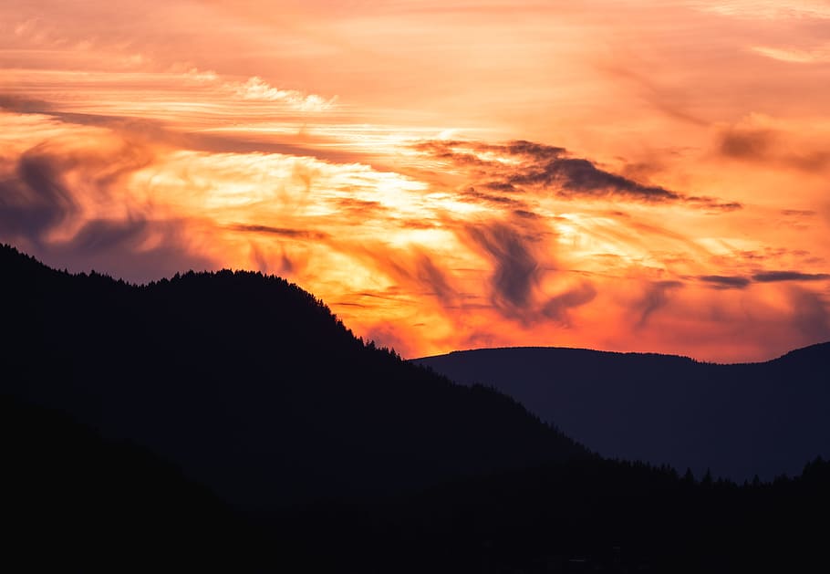 silhouette photography of mountain, sky, cloudscape, orange, tree HD wallpaper