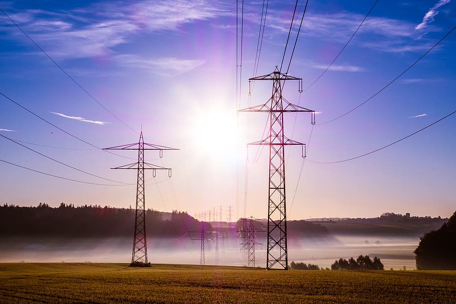 Electric Towers Under Blue Sky, current, electrical, electricity HD wallpaper