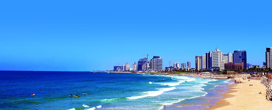 tel aviv, jaffa, israel, sun, beach, sand, sea, blue, hotel, HD wallpaper