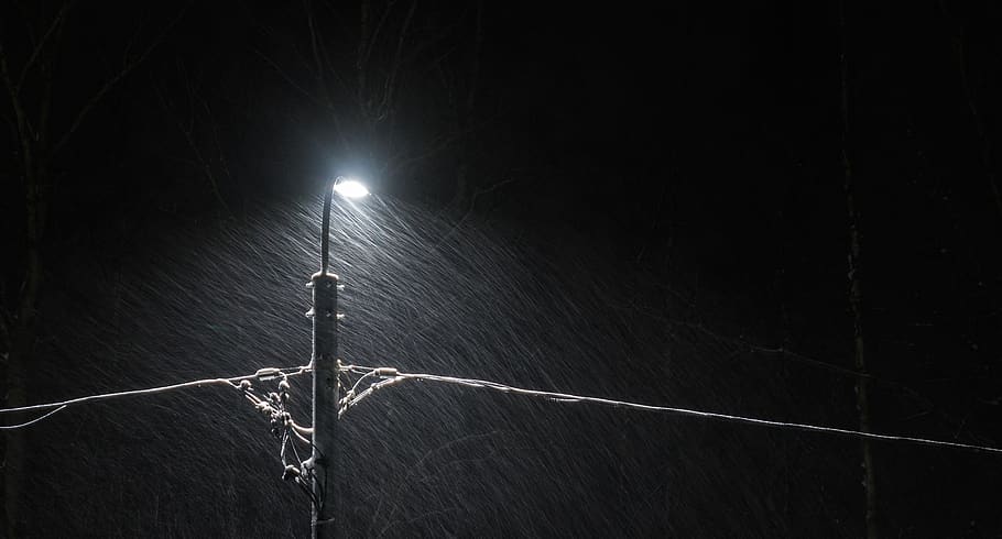 Black Electric Lamp Post With Lighted Lamp during Nighttime, color