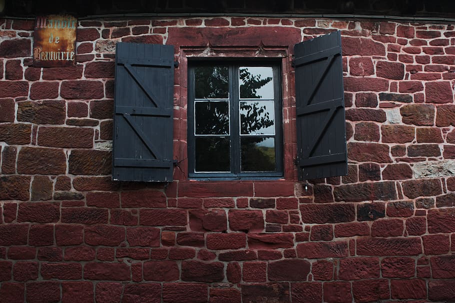 black clear-glass window, home decor, brick, wall, path, walkway, HD wallpaper