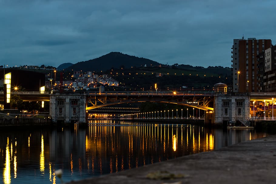 bilbao, spain, lights, river, water, evening, city, tranquility, HD wallpaper