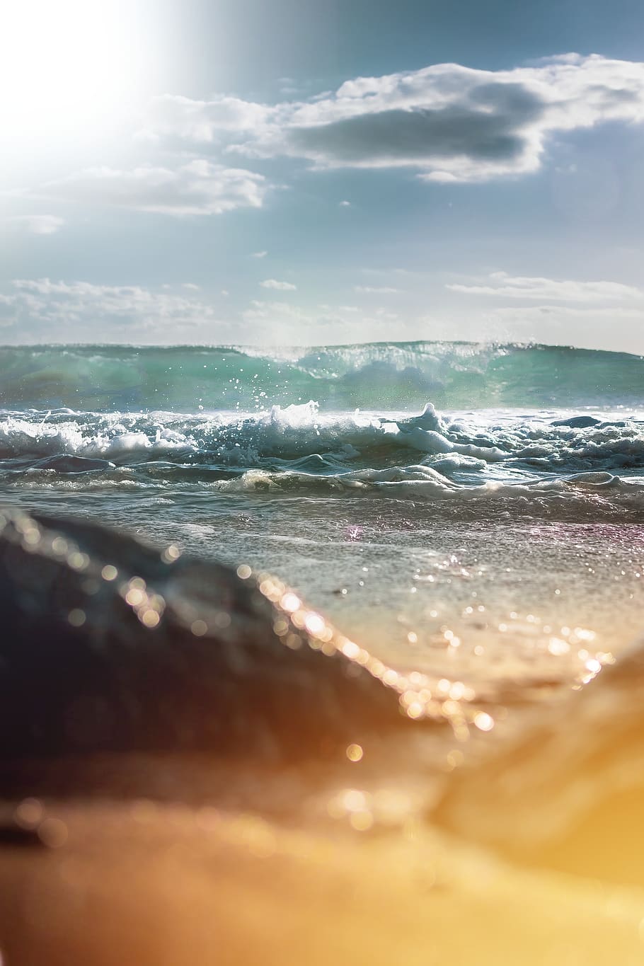 waves breaking in beach at dusk, sea, water, cloud - sky, scenics - nature HD wallpaper