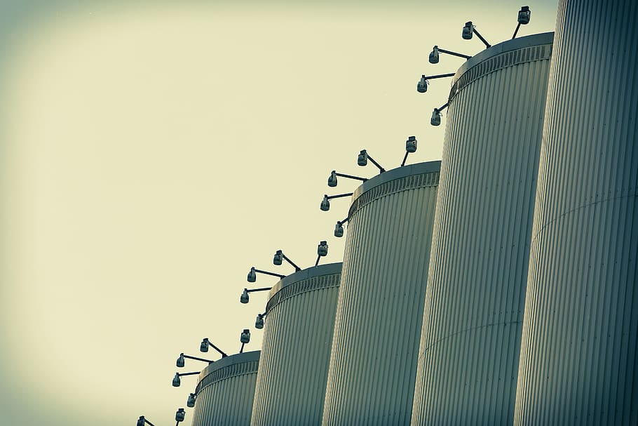 industrial, silos, lights, sky, lamps, cylinders, architecture HD wallpaper