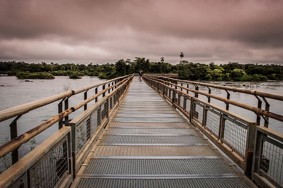 brown bridge, water, waterfront, railing, person, human, argentina, HD wallpaper