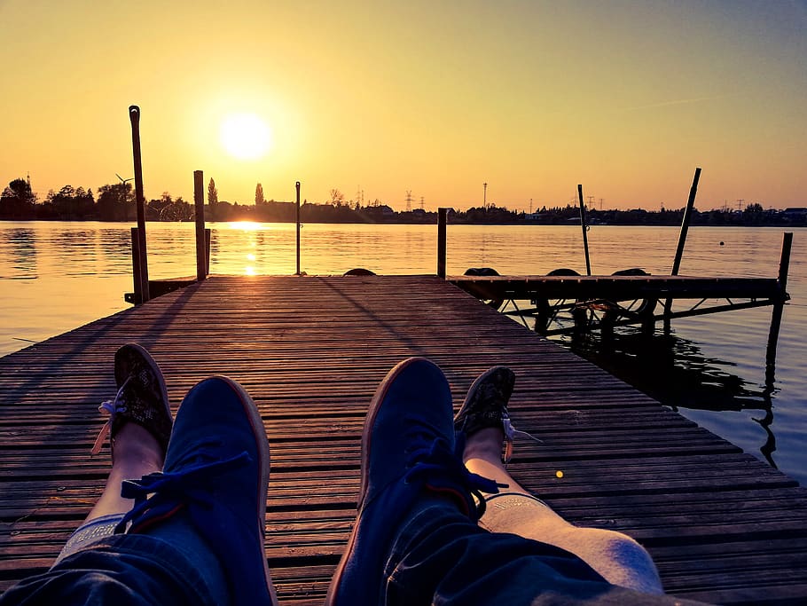 sunset, bridge, lake, relaxation, nature, landscape, sky, view HD wallpaper