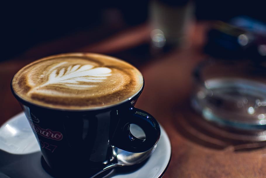 Blue Coffee Mug Near on Glass Ashtray, beverage, caffeine, cappuccino HD wallpaper