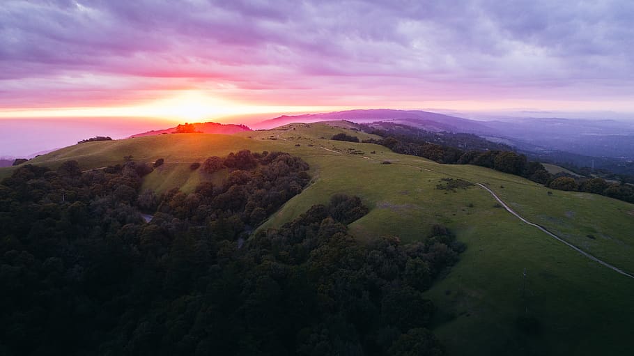 clouds, sky, sunset, view, highland, landscape, trees, plants HD wallpaper