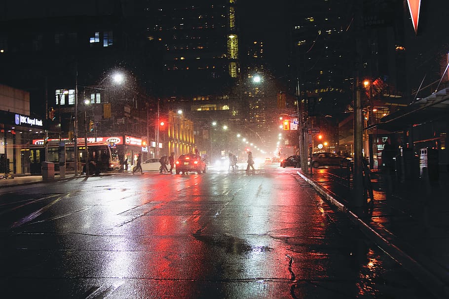 vehicle on wet road during nighttime, urban, downtown, city, building
