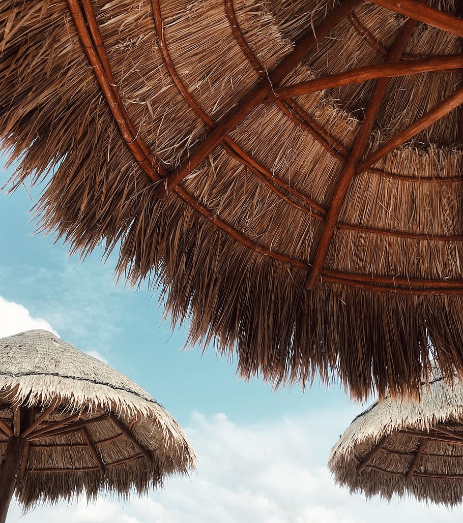 brown thatched roof, mexico, cancún, cucumate, shade, tropical, HD wallpaper