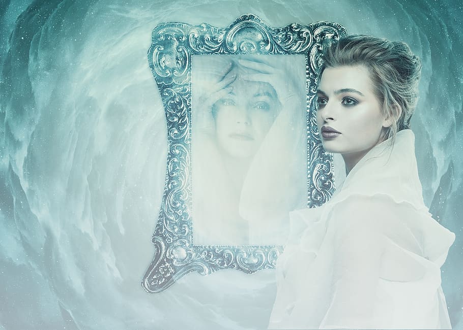 woman, mirror, psyche, depression, personality, mirror image HD wallpaper