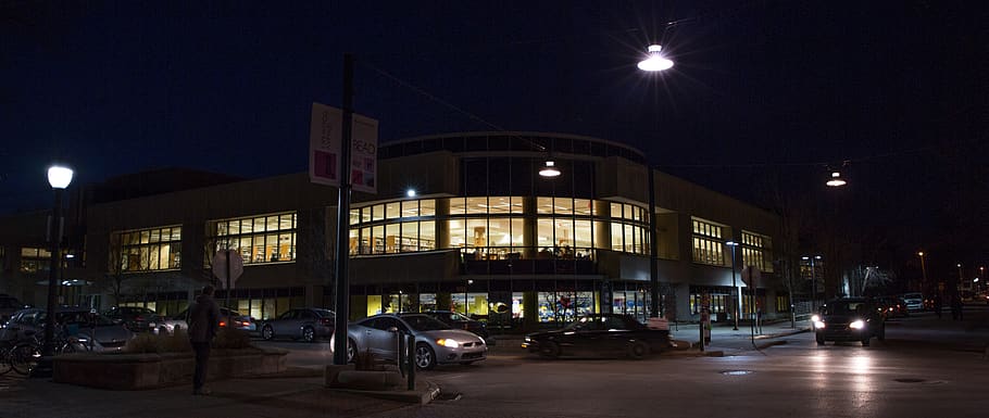 monroe county public library, night, illuminated, architecture, HD wallpaper