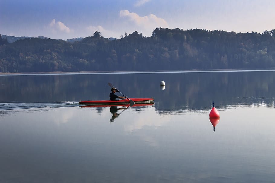 lake, kayak, clouds, mirroring, boje, panorama, simssee, upper bavaria HD wallpaper