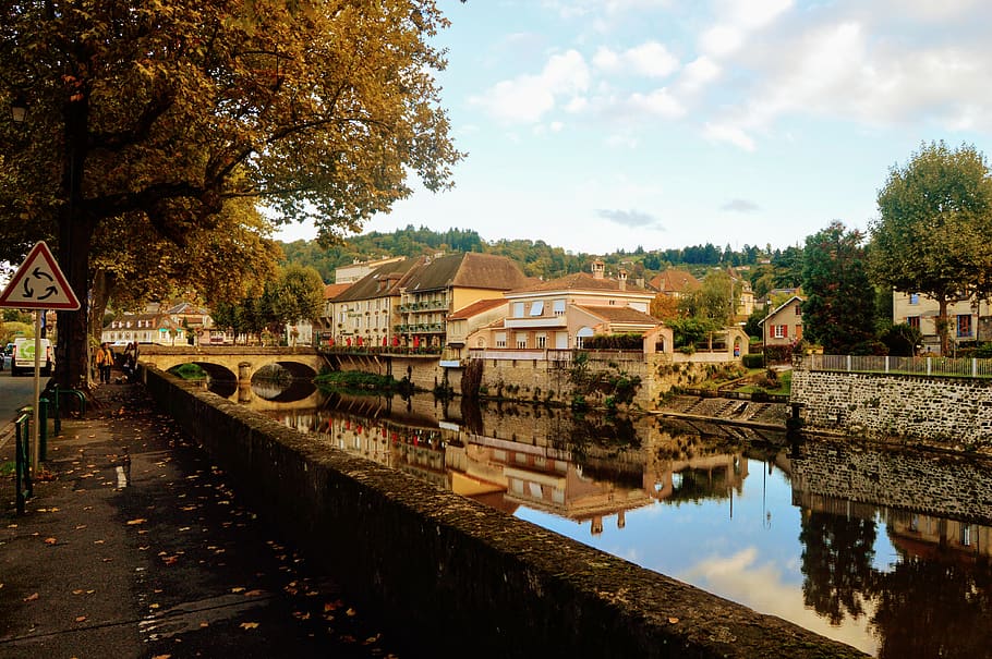 france, figeac, bridge, river, nature, autumn, trees, water HD wallpaper