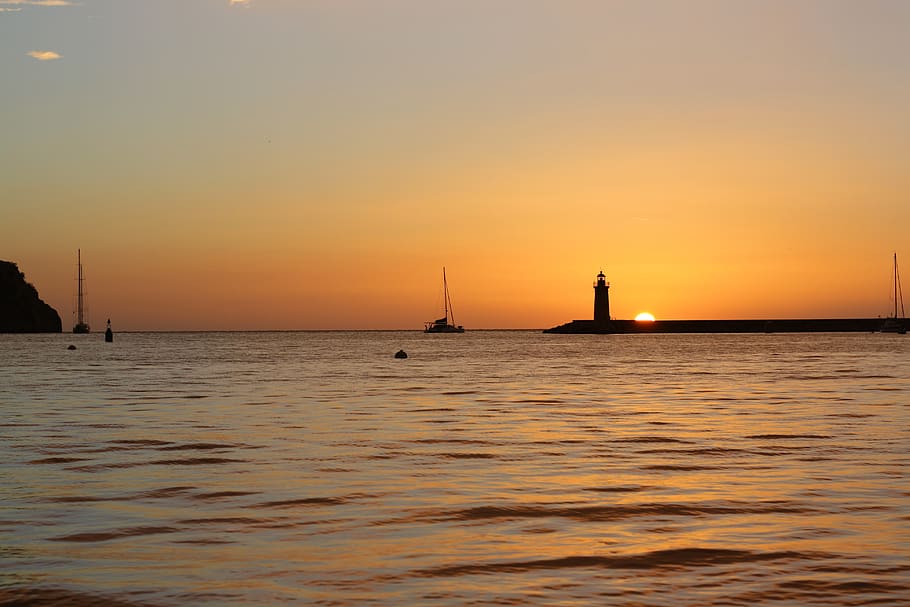 sunset, sailing boat, lighthouse, ship, sea, andratx, mallorca HD wallpaper