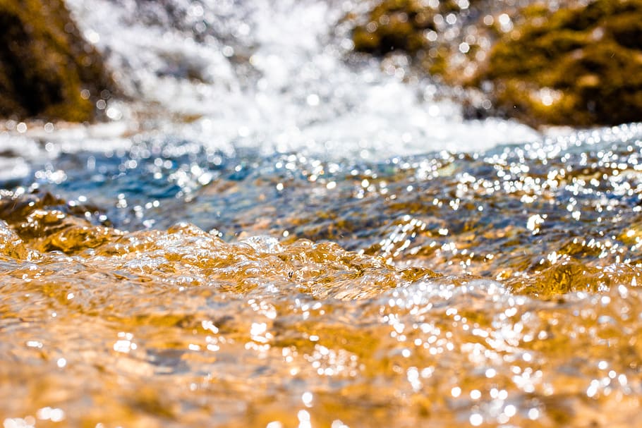 lake, stone, river, watter, golden, sun, summer, water, motion HD wallpaper