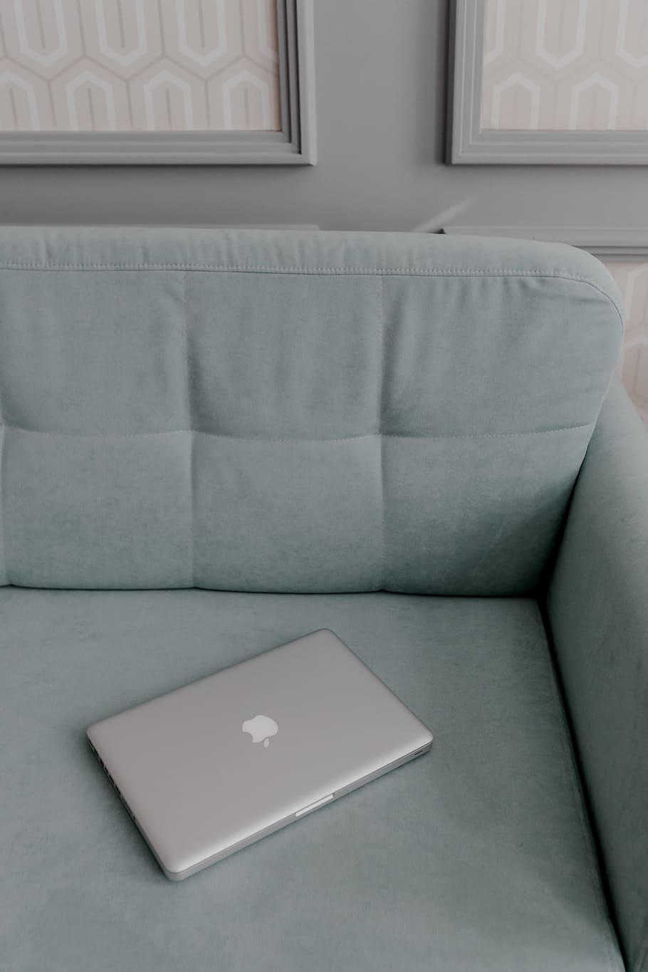 MacBook laptop lying on mint couch, interior, minimal, minimalist HD wallpaper