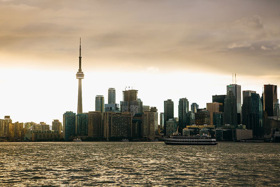 canada, toronto, ferry, skyline, city, boat, skyscraper, lake HD wallpaper
