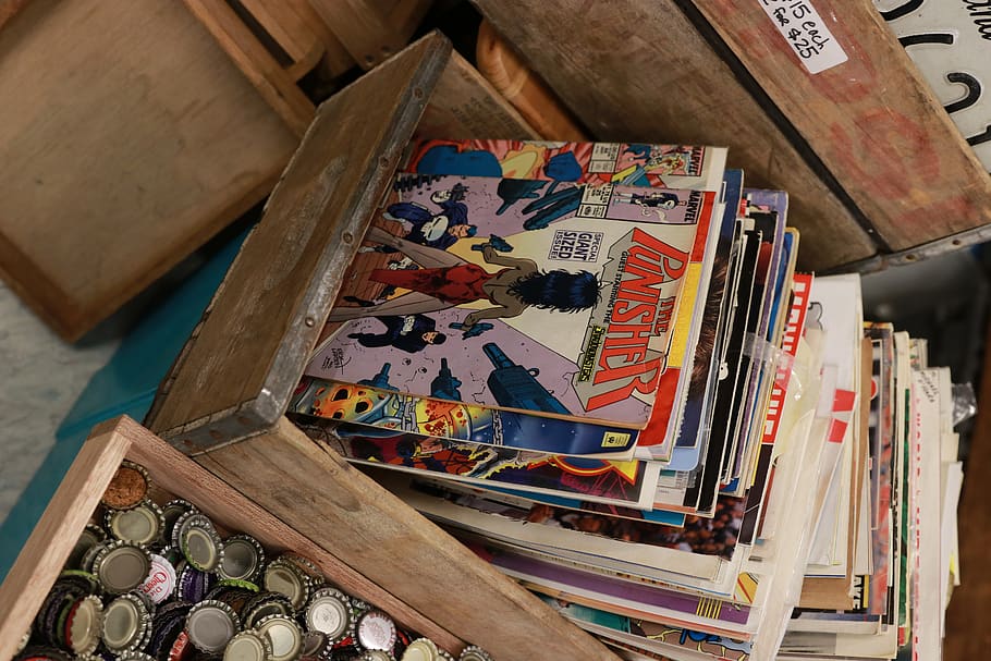 comic book lot, shelf, furniture, shop, newsstand, person, human HD wallpaper