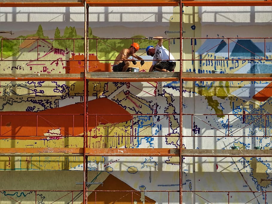 Two Person on Scaffolding Painting Wall, daylight, helmets, men HD wallpaper