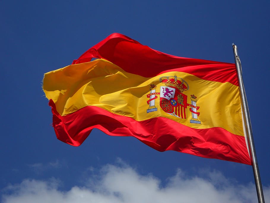 Spain Flag in Pole, flagpole, spanish, wind, patriotism, sky, HD wallpaper