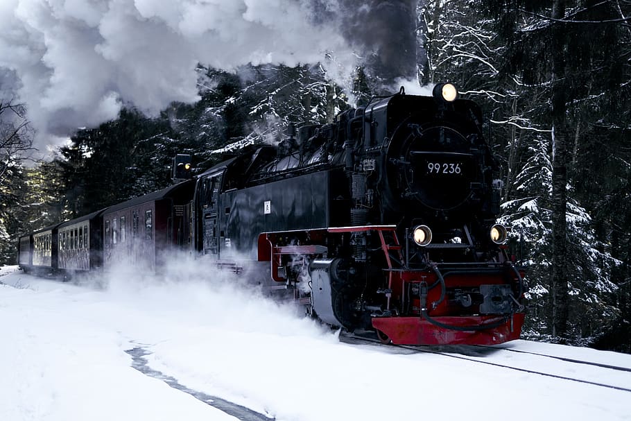 black and red train, transportation, vehicle, locomotive, www.maxlibertine.com, HD wallpaper