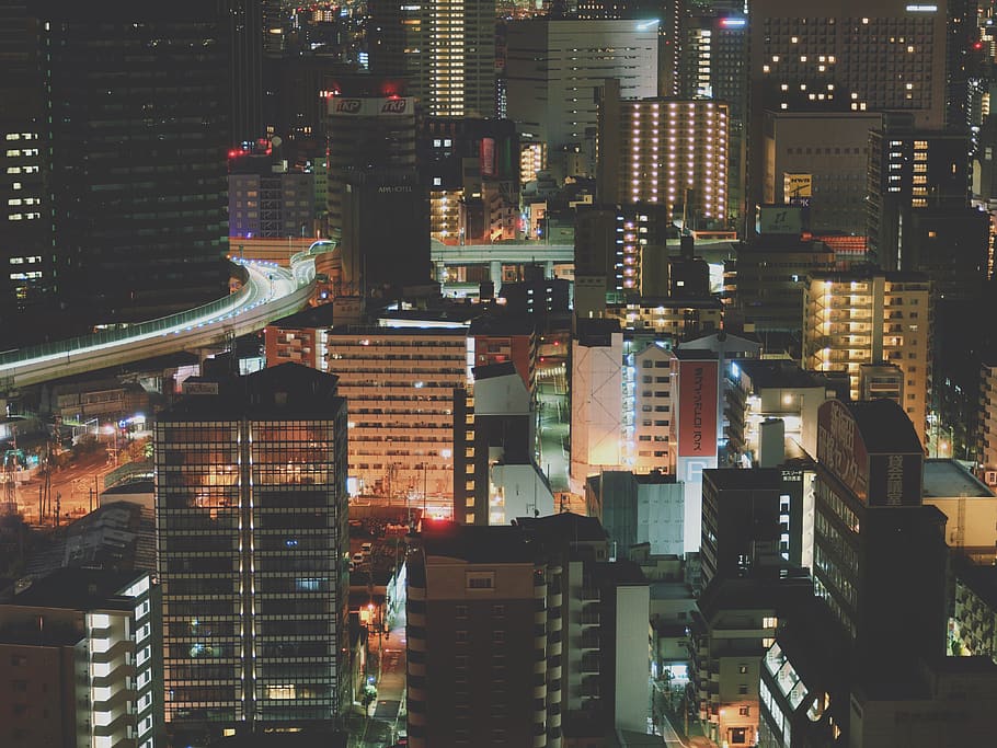 skyscraper view at night\, building, city, urban, town, downtown HD wallpaper