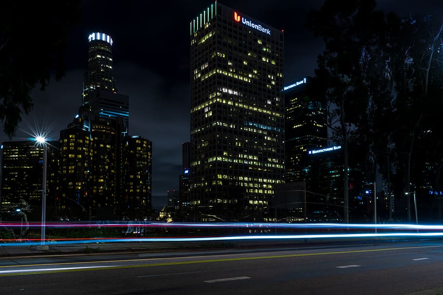 high rise buildings, road, office building, urban, town, city HD wallpaper